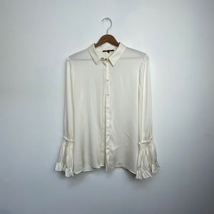 Cream Collared Silk Blouse with Bell Sleeves